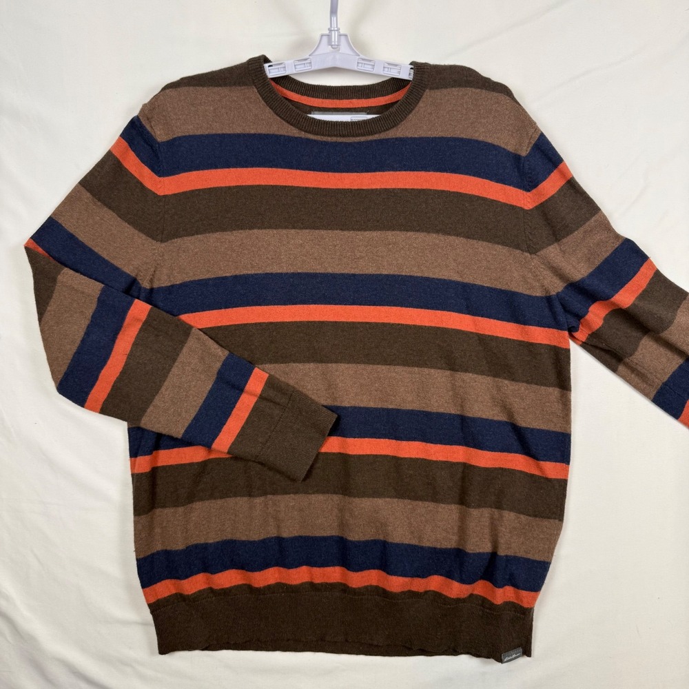 Eddie Bauer Mens Large Cotton Merino Wool Striped Crew Neck Sweater Brown Orange